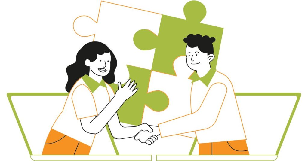 中間管理職同士で意見を確認し合いながら進むイメージイラスト