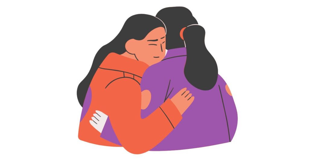 友人が肩に手を置き支える様子。体験者と支援のつながりを表現。