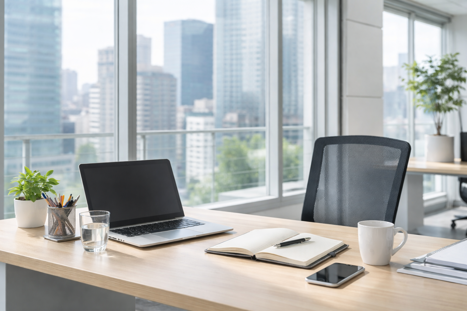 朝の自然光がやわらかく差し込む都会的なオフィス空間。