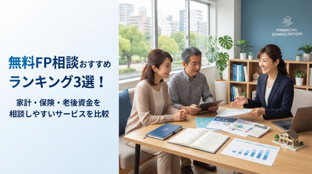 40代から50代の夫婦が明るいラウンジでファイナンシャルプランナーから家計や保険、老後資金についての説明を受けている様子。テーブルには資料や電卓、住宅模型が置かれ、青と白を基調とした信頼感のある雰囲気。