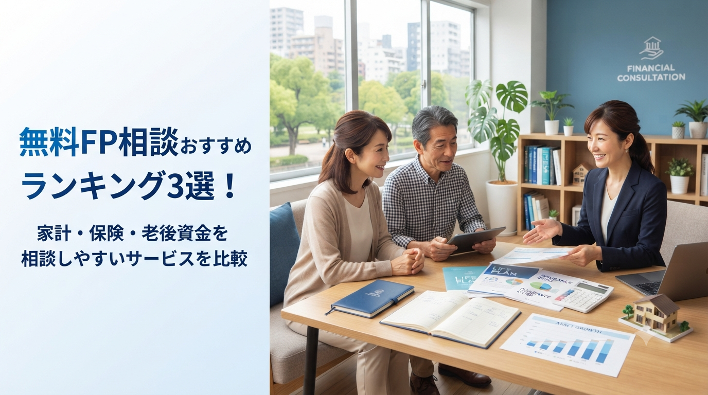 40代から50代の夫婦が明るいラウンジでファイナンシャルプランナーから家計や保険、老後資金についての説明を受けている様子。テーブルには資料や電卓、住宅模型が置かれ、青と白を基調とした信頼感のある雰囲気。
